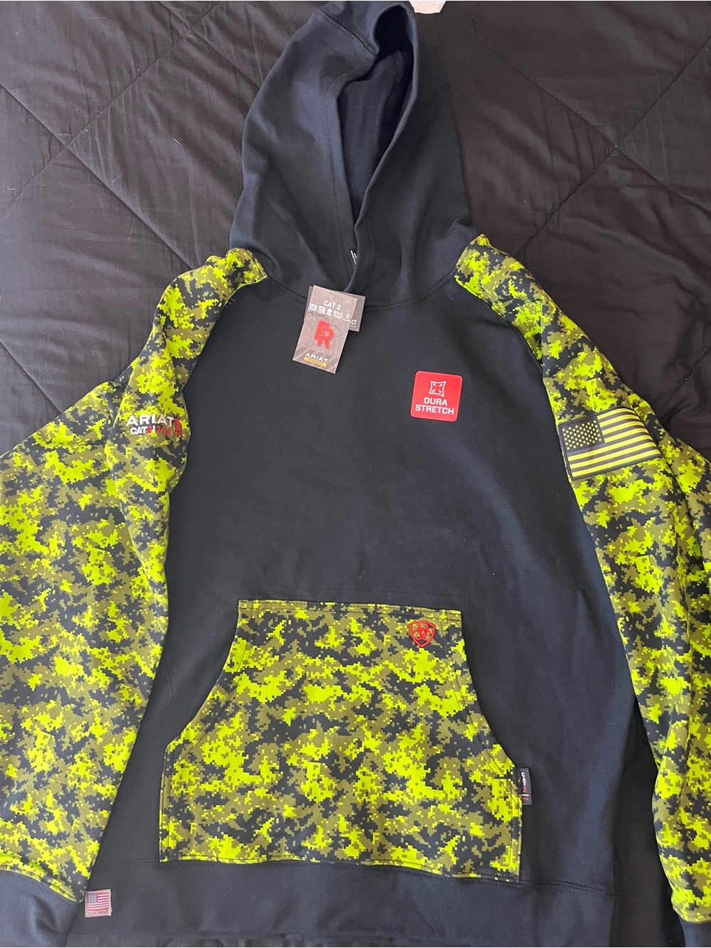 Ariat FR Black Hoodie with Neon Yellow-Green Camo Sleeves